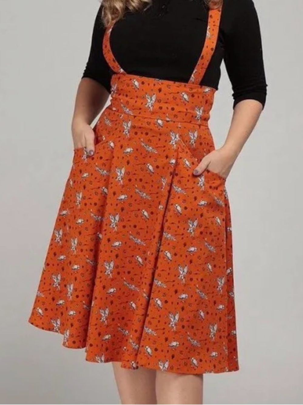NWOT Collectif Alexa Owl AOP 50's Swing Skirt Sz:XS Orange Suspenders Pockets